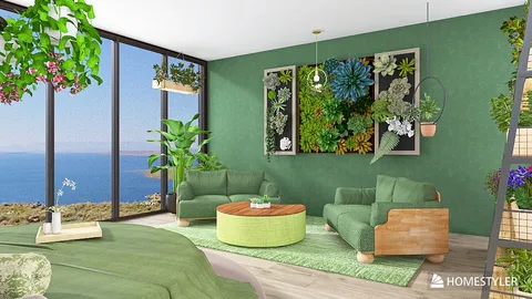 Green living room with indoor plants and natural light showcasing a serene coastal view, designed using Homestyler for a modern and eco-friendly interior decor style.