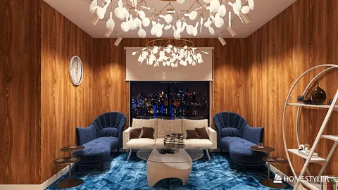 cozy living room with blue armchairs and modern lighting design featuring a wooden accent wall, optimized for small space interior decor using Homestyler's real-time 3D rendering feature.