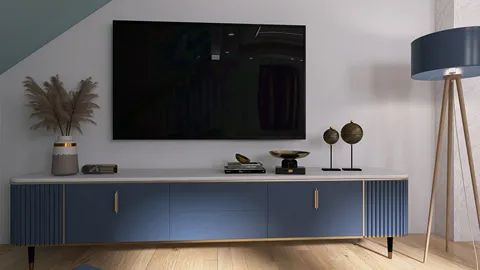 modern living room with stylish TV unit and decor elements, featuring an elegant design aesthetic, showcasing interior decor ideas using Homestyler's smart furniture arrangement.