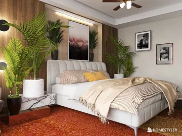Luxurious bedroom featuring a plush bed with elegant bedding, styled with greenery and art, showcasing modern interior design for a cozy atmosphere. Includes Homestyler's smart furniture arrangement.