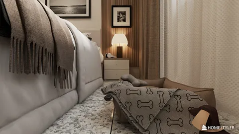 cozy bedroom arrangement showcasing pet-friendly decor with a neutral color palette, emphasizing soft furnishings and a comfortable atmosphere, using Homestyler's real-time 3D rendering feature.