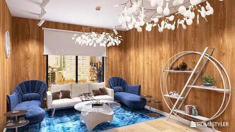 A cozy living room featuring elegant blue sofas arranged artistically, showcasing a modern Scandinavian style, highlighting the value of space optimization with Homestyler's 3D rendering capability.