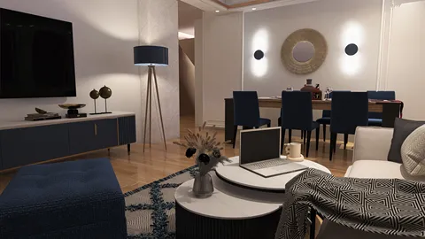 modern living room with stylish furniture arrangement featuring blue accents and warm lighting, showcasing interior decor elements for a cozy atmosphere, utilizing Homestyler's real-time 3D rendering feature for design proposals.