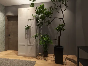 Indoor plants enhancing the entrance area with a minimalist design style, showcasing interior design concepts using Homestyler's real-time 3D rendering feature.