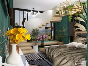 bedroom with luxurious decor featuring a unique staircase design and elegant lighting, showcasing modern interior design ideas with Homestyler's real-time 3D rendering functionality.