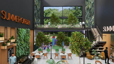Indoor garden restaurant featuring lush greenery and modern seating arrangements, showcasing a vibrant summer theme for a lively dining experience; includes Homestyler's real-time 3D rendering feature for design previews.