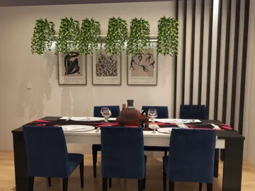 dining room with stylish blue chairs and elegant table setting featuring wall art and hanging plants, showcasing interior decor design ideas using Homestyler's real-time 3D rendering feature for quick renovations.