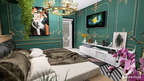 Elegant bedroom design featuring a plush bed with decorative pillows, a stylish wall with intricate moldings, and a vibrant green color scheme. This interior design showcases Homestyler's real-time 3D rendering functionality for quick visualization.