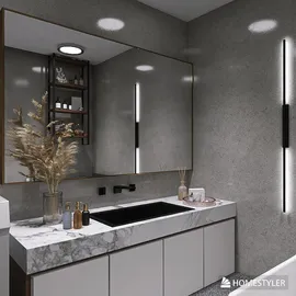 modern bathroom vanity with sleek design and illuminated mirror, showcasing a minimalist aesthetic, using Homestyler's real-time 3D rendering feature to visualize the interior decor.