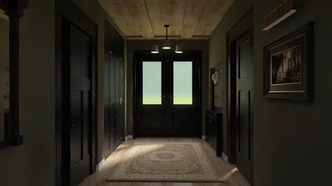 sophisticated hallway design featuring a stylish entryway rug and dark wood accents, showcasing interior decor ideas with Homestyler's real-time 3D rendering functionality.