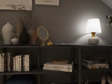 decorative vases and a lamp on a modern shelf, creating a cozy ambiance in a living room, featuring interior decor elements; showcasing Homestyler's real-time 3D rendering capability.