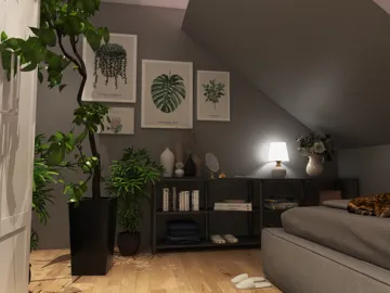 cozy bedroom corner featuring a modern plant arrangement with art prints, utilizing smart furniture layout to optimize space in a small room, showcasing Homestyler's real-time 3D rendering for design previews