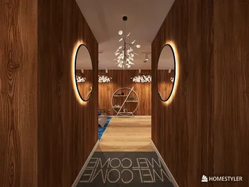 Wood-panelled corridor featuring round mirrors and contemporary lighting, designed for a welcoming atmosphere, showcasing interior decor with Homestyler's real-time 3D rendering feature.