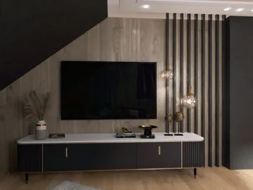 modern living room with stylish TV unit and wall decor showcasing 3D interior design, utilizing Homestyler's real-time 3D rendering feature for a sleek and contemporary look.