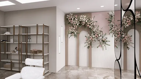 a modern living room featuring a floral accent wall and open shelving design, showcasing an elegant and inviting atmosphere, utilizing Homestyler's real-time 3D rendering feature