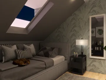 cozy bedroom featuring a modern bed arrangement with stylish decor and wall art in a contemporary style, showcasing interior design optimization using Homestyler's real-time 3D rendering feature.