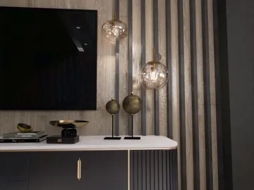 modern decorative accents showcasing wall-mounted lights and a stylish console table in a contemporary living room interior design, featuring Homestyler's real-time 3D rendering for efficient visual previews.
