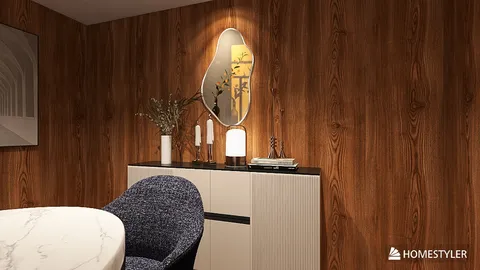 Wooden accent wall design featuring a sleek cabinet, stylish mirror, and elegant decor, showcasing interior decor optimization using Homestyler's real-time 3D rendering feature.
