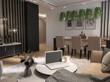 A cozy living room with a stylish sofa and coffee table, showcasing a modern interior design in an open space layout; featuring Homestyler's real-time 3D rendering for enhanced visualization.
