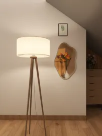 Modern floor lamp illuminating a cozy corner, showcasing minimalist design and functionality, enhancing the aesthetic of interior decor using Homestyler's 3D rendering feature.