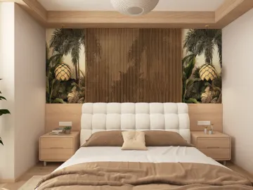 modern bedroom design featuring a stylish headboard and tropical wall decor, showcasing an interior decor theme with a focus on relaxing ambiance; utilizing Homestyler's real-time 3D rendering for an accurate preview.