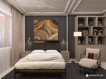 Cozy bedroom design featuring a stylish bed arranged with modern decor, showcasing a contemporary artistic theme and enhancing the room's aesthetic value with the use of Homestyler's real-time 3D rendering feature.