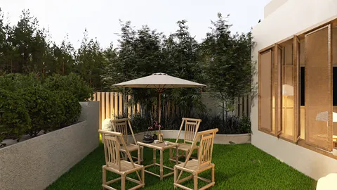 outdoor seating arrangement with a wooden table and chairs under an umbrella in a lush garden design style, showcasing a cozy outdoor living space using Homestyler's AR furniture placement feature.