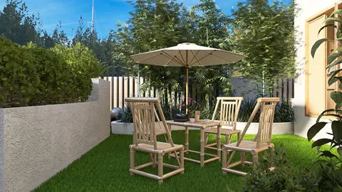 outdoor seating area with wooden chairs and an umbrella enhancing garden space using Homestyler for realistic 3D rendering