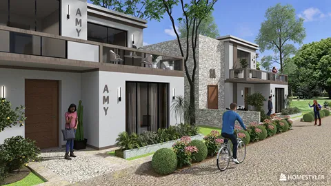 modern residential facade featuring landscaped pathway and outdoor seating, showcasing interior design elements, enhanced with Homestyler's real-time 3D rendering for a realistic preview.