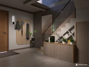 modern hallway design featuring a staircase and decorative wall elements with plants, showcasing interior decor optimization using Homestyler's real-time 3D rendering feature.