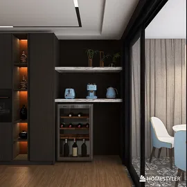 Modern kitchen with elegant furniture arrangement showcasing a stylish wine cabinet and decorative shelves, featuring a sophisticated design aesthetic ideal for contemporary indoor spaces, utilizing Homestyler's smart furniture layout functionality.