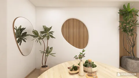 Indoor plants decorating a dining space with a round mirror reflection, enhancing modern aesthetics and creating a vibrant atmosphere, featuring Homestyler's real-time 3D rendering functionality.
