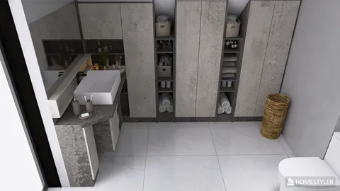 Modern bathroom design showcasing sleek cabinetry and a stylish sink area, featuring a minimalistic aesthetic for space optimization, enhanced by Homestyler's real-time 3D rendering functionality.