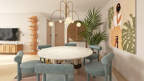 Round dining table with upholstered chairs arranged for social gatherings in a modern style, featuring an art piece and indoor plants for an inviting atmosphere; utilizing Homestyler's real-time 3D rendering for design proposal visualization.