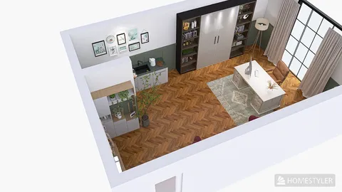 Modern living room design showcasing furniture arrangement in a cozy space with a warm color palette, featuring Homestyler's real-time 3D rendering functionality.