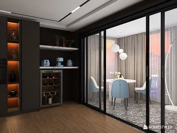 modern kitchen design featuring sleek cabinets and a contemporary dining area, showcasing the functionality of Homestyler's real-time 3D rendering for interior design.