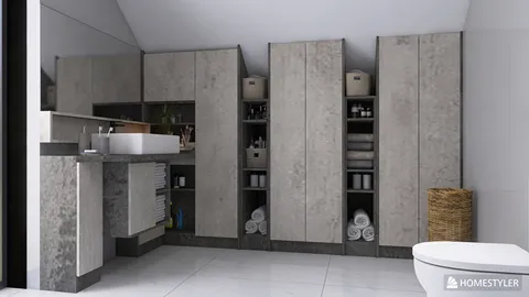 Modern bathroom design with sleek cabinetry, organizing toiletries and towels, utilizing Homestyler's real-time 3D rendering for visualizing space layout.