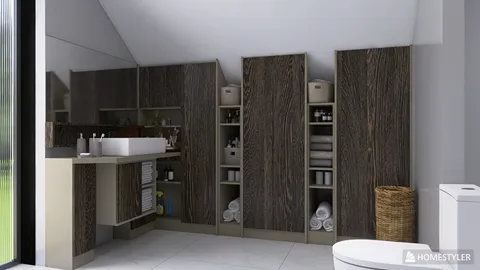 modern bathroom design showcasing efficient storage solutions with dark wood cabinetry and a sleek sink area, highlighting Homestyler's real-time 3D rendering feature for interior decor.