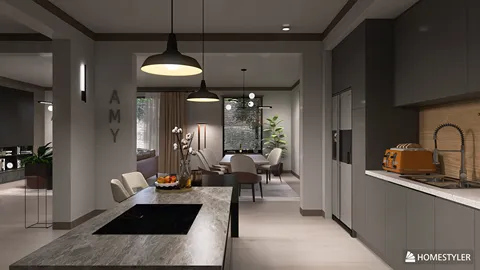 modern kitchen with a central island featuring a stovetop, designed for open-concept living, showcasing contemporary style, and highlighting Homestyler's real-time 3D rendering capabilities