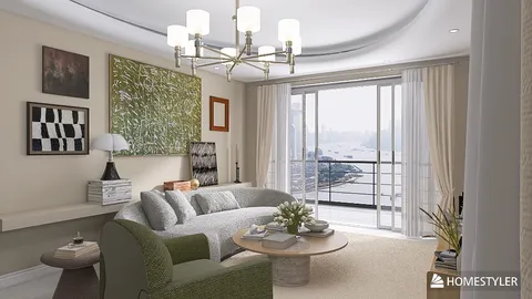 living room design showcasing a cozy sofa arrangement complemented by modern wall art in a contemporary style, emphasizing relaxation and comfort in interior decor using Homestyler's real-time 3D rendering feature.