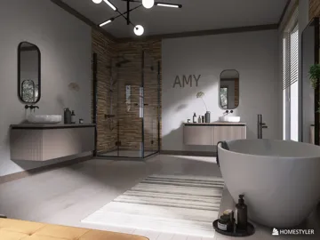 Modern bathroom design featuring a freestanding bathtub and a glass shower enclosure, showcasing a minimalist style and a focus on relaxation. Utilize Homestyler's real-time 3D rendering for effective design proposals.