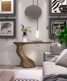 A stylish wooden console table with a curved design showcasing modern decor elements, featuring artwork on the wall and indoor plants, enhancing the aesthetic of the living room space; includes Homestyler's real-time 3D rendering for design visualization.