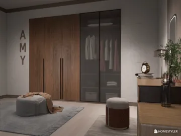 modern bedroom wardrobe design featuring a sleek wooden closet with glass panels, showcasing a minimalist aesthetic, enhancing the overall space with Homestyler's real-time 3D rendering feature.