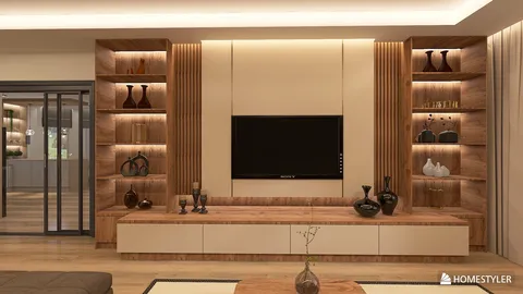 modern TV unit design showcasing efficient furniture arrangement in a cozy living room space utilizing Homestyler's real-time 3D rendering feature