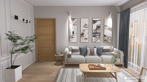cozy living room with modern furniture arrangement showcasing a minimalist style, enhancing the space's comfort and aesthetic value using Homestyler's real-time 3D rendering feature.