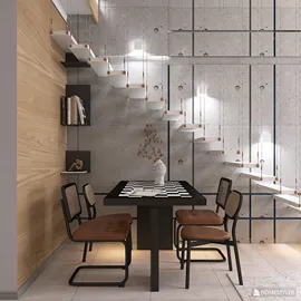 modern dining area featuring a stylish table with chairs and a stunning floating staircase in a contemporary design style, showcasing Homestyler's real-time 3D rendering feature for interior decor visualization.