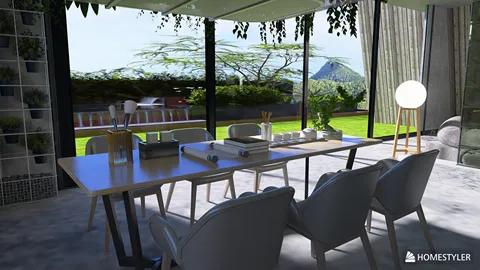 modern dining area showcasing a spacious table setup with elegant chairs in a contemporary style, enhanced by real-time 3D rendering feature of Homestyler, perfect for interior decor planning.