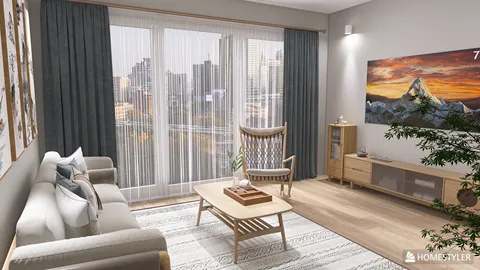 living room with modern furniture arranged thoughtfully using smart furniture placement for space optimization, featuring a sleek style and showcasing interior decor elements, enhanced by Homestyler's real-time 3D rendering capabilities.