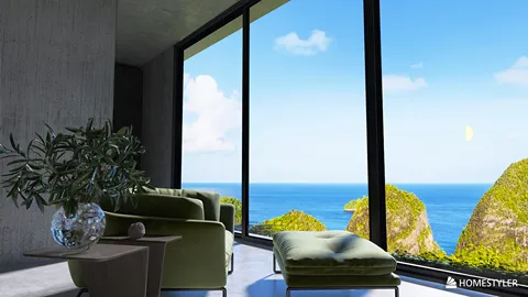 Modern living room showcasing a stunning ocean view with large glass windows, featuring stylish green furniture and a minimalist design aesthetic, optimized for interior decor visualization using Homestyler's real-time 3D rendering.