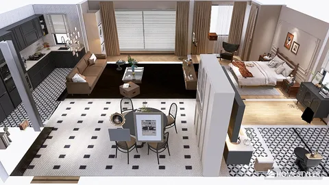 3D living space showcasing furniture arrangement in a modern style with a focus on spatial optimization, featuring Homestyler's real-time 3D rendering capabilities.